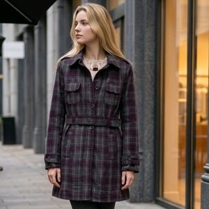 Empyre Women's Coat M Purple/Black/Grey Plaid Single-breasted Belted GUC